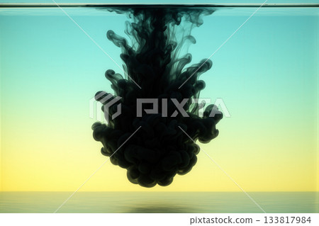 Black Ink Cloud Swirling Underwater Against Turquoise Yellow Gradient 133817984