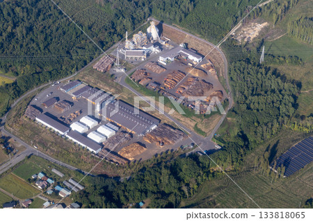 Aerial view of a wood biomass power plant in Shiojiri City, Nagano Prefecture 133818065