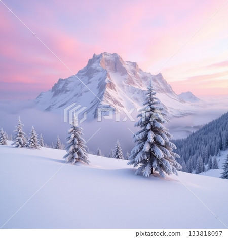 Majestic mountain sunrise with snowy trees in winter landscape Generative AI 133818097
