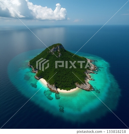 A stunning view of a lush green island rises from clear turquoise waters 133818218