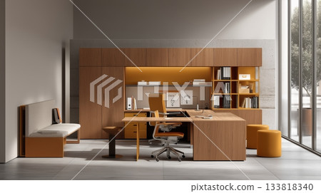 現代辦公室必需品的3D平面圖 133818340