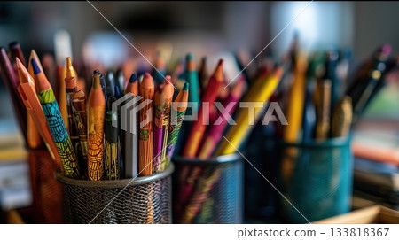 色彩鮮豔的書寫工具支架的高精度3D影像 133818367