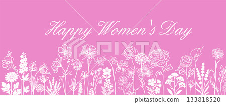 Simple pink floral background. Flowers in one line. Happy Women's Day. Hand drawn. Not AI, vector illustration Simple pink floral background. Flowers in one line. Happy Women's Day. Hand drawn. Not AI, vector illustration 133818520