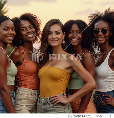Friends enjoying a sunset at the beach in summer Generative AI 133819004