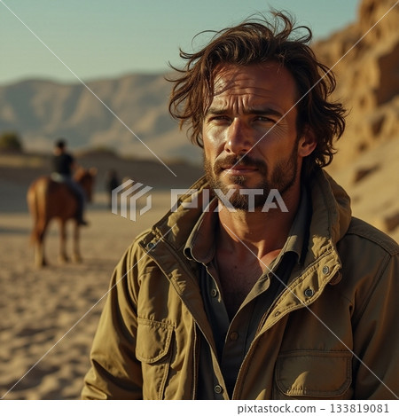 Man in a rugged jacket stands in a desert landscape Generative AI 133819081