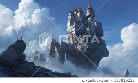 壯觀的奇幻3D視覺效果,展現了漂浮城堡的廢墟 壯觀的奇幻3D視覺效果,展現了漂浮城堡的廢墟 133819222