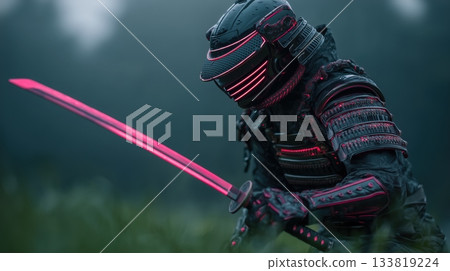 帶有LED燈的未來主義武士盔甲的3D視覺效果圖 133819224