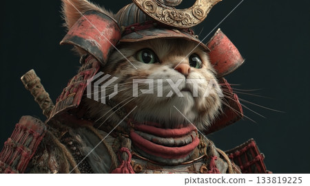 穿著傳統盔甲的可愛3D武士貓角色 133819225