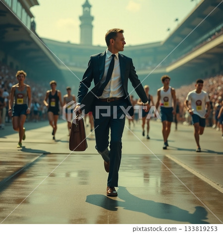 Businessman walks through a race track crowded with runners Generative AI 133819253