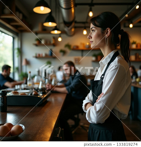 Woman at a cozy cafe observing patrons during the morning Generative AI Woman at a cozy cafe observing patrons during the morning Generative AI 133819274
