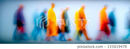 Diverse individuals move creating streaks of colorful motion against a light background. Blurred people banner 133819476