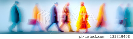 Diverse individuals move creating streaks of colorful motion against a light background. Blurred people banner 133819498
