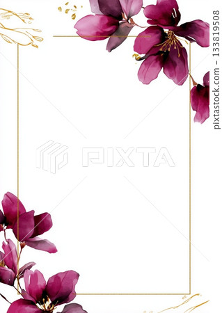 Watercolor flowers in pink tones with golden glitter outlines framing a clean white background. Magenta watercolor flowers with golden edges 133819508