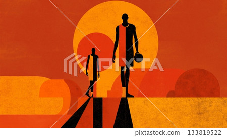 Basketball poster. Basketball wallpaper. Silhouette of a player on abstract background 133819522