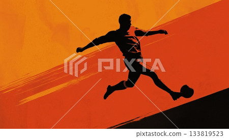 Footbal poster. Soccer wallpaper. Football player dribbling soccer ball on abstract background 133819523