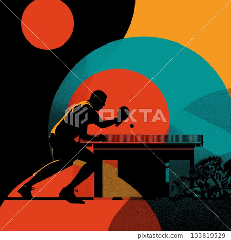 Table tennis poster. Ping pong wallpaper. Silhouette of a Ping pong player on abstract background 133819529