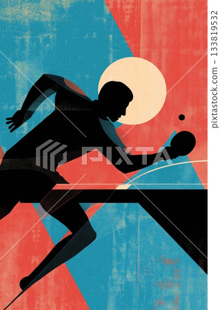 Table tennis poster. Ping pong wallpaper. Silhouette of a Ping pong player on abstract background 133819532