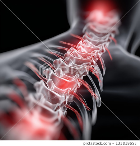 Human back spine showing vertebrae and nerves with red inflammation areas. Back pain concept 133819655