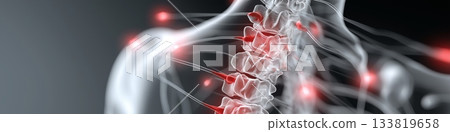 Human back spine showing vertebrae and nerves with red inflammation areas. Back pain concept 133819658