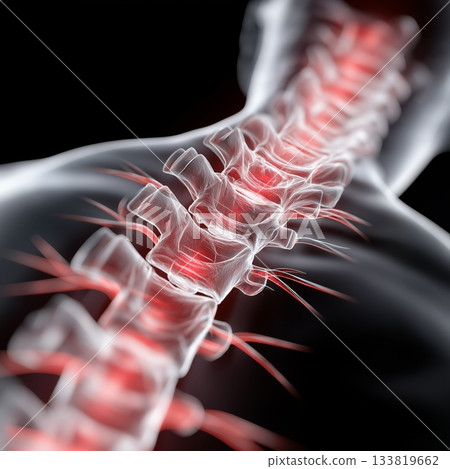 Human back spine showing vertebrae and nerves with red inflammation areas. Back pain concept 133819662