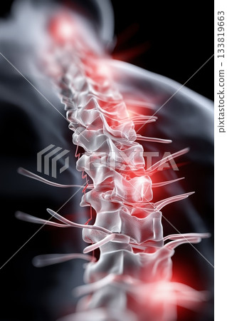 Human back spine showing vertebrae and nerves with red inflammation areas. Back pain concept 133819663
