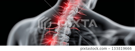 Human back spine showing vertebrae and nerves with red inflammation areas. Back pain concept 133819666