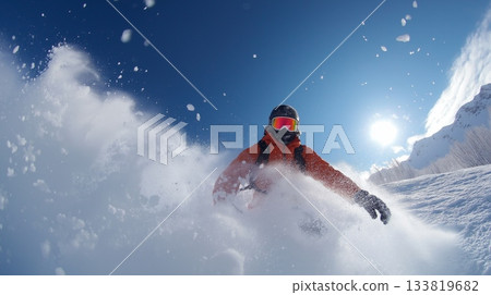 Snowboarder speeding down mountain, kicking up fresh snow under bright clear sky. Snowboarding banner 133819682