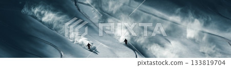 Freeride skiing. Two skiers descending a snowy mountain, kicking up powder snow and leaving tracks Freeride skiing. Two skiers descending a snowy mountain, kicking up powder snow and leaving tracks 133819704