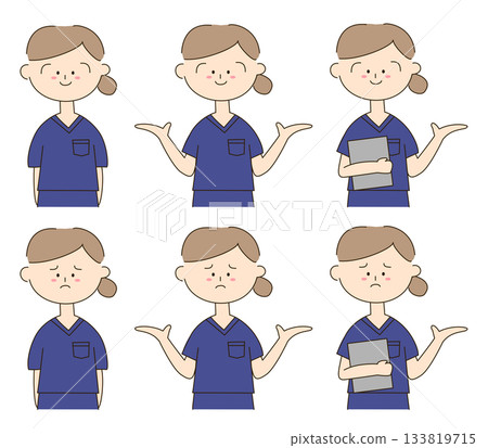 Hand-drawn illustration set of a cute woman wearing a scrub Hand-drawn illustration set of a cute woman wearing a scrub 133819715