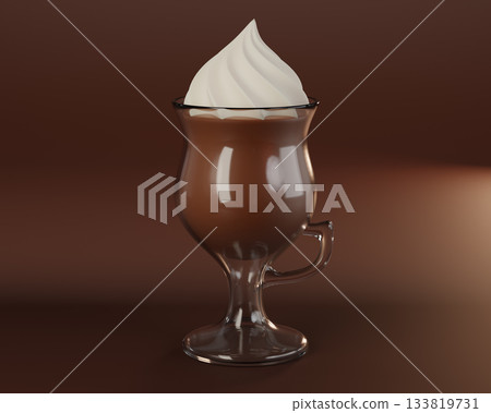 3d Hot Chocolate with Whipped Cream in a Glass. Christmas Cup on brown background. Christmas and New Year sweet drink and food holiday concept, a cozy atmosphere. 3d rendering 133819731