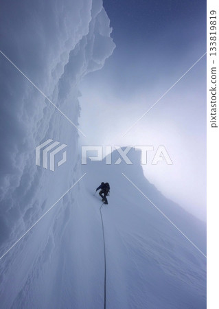 Climber trekking icy mountain ridge through dense fog. Solo mountaineer navigating a challenging snowy ridge against a foggy sky Climber trekking icy mountain ridge through dense fog. Solo mountaineer navigating a challenging snowy ridge against a foggy sky 133819819
