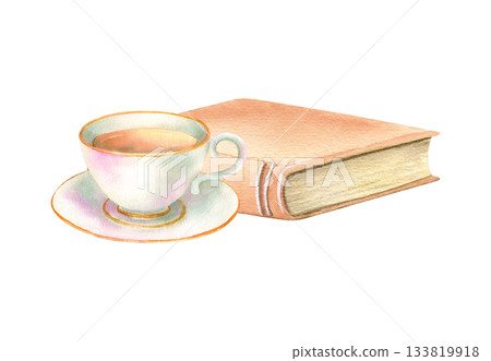 Vintage book and cup of tea. Porcelain tea set. Literature with old cover, yellowed pages. Encyclopaedia bestseller. Watercolor isolated illustration, home cozy lifestyle, autumn, winter mood Vintage book and cup of tea. Porcelain tea set. Literature with old cover, yellowed pages. Encyclopaedia bestseller. Watercolor isolated illustration, home cozy lifestyle, autumn, winter mood 133819918