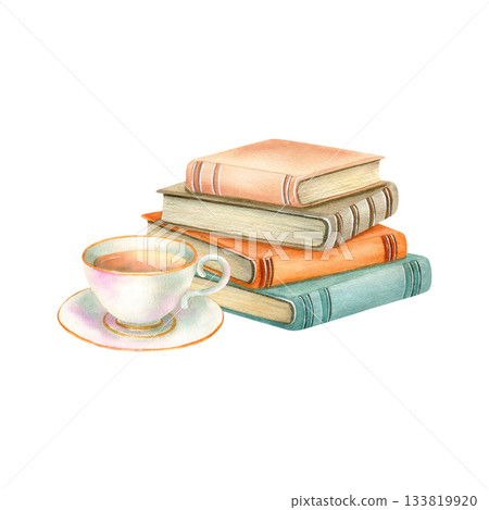 Stack of books, cup of tea. Porcelain tea set. Literature, pile of textbook for education, old cover, yellowed pages. Encyclopaedia bestseller. Watercolor isolated illustration, home cozy lifestyle 133819920
