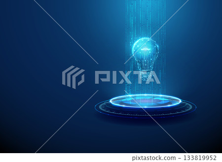 Neon podium with vertical streams of blue digital points and light bulb. Idea generation, innovation, creativity, analytics, technological progress concept. 133819952