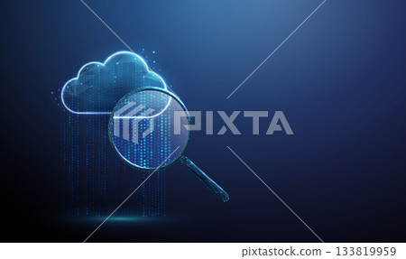 Cloud icon with streams of blue dots and magnifying glass. Data analytics, information scanning, big data investigation, cloud computing review, system monitoring concept 133819959