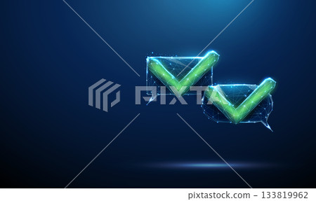 Two 3d chat bubbles with green check marks. Confirmation, approval flow, successful communication, positive feedback, validated response, completed inquiry concept. Two 3d chat bubbles with green check marks. Confirmation, approval flow, successful communication, positive feedback, validated response, completed inquiry concept. 133819962