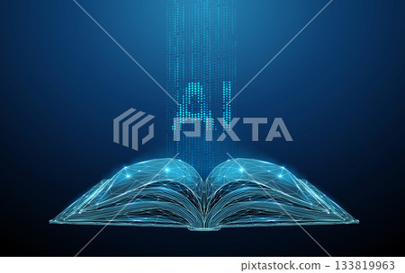 Open book with vertical streams of blue digital dots and letters AI. Knowledge expansion, learning systems, data processing, information flow concept. Open book with vertical streams of blue digital dots and letters AI. Knowledge expansion, learning systems, data processing, information flow concept. 133819963