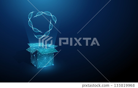 3D DNA strands from an open box. Genetic discovery, biological data exploration, hereditary research, genetic material collection, transportation concept. 3D DNA strands from an open box. Genetic discovery, biological data exploration, hereditary research, genetic material collection, transportation concept. 133819968