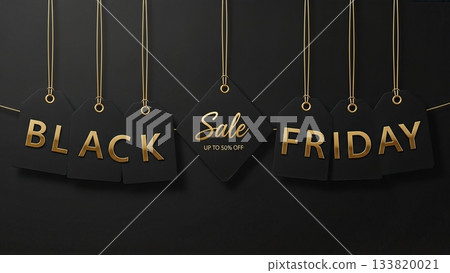 Elegant black friday sale design with gold accents on black background 133820021