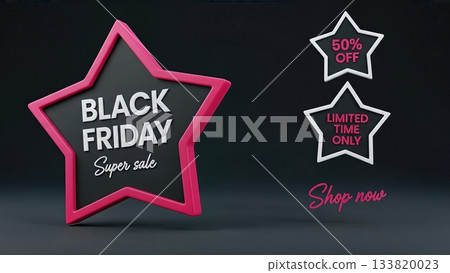 Black friday super sale with star-shaped 50 off and limited time only labels on dark background 133820023