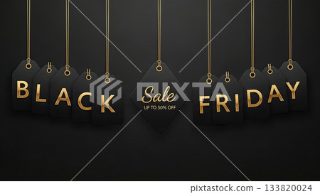 Elegant black friday sale tags hanging with gold letters on dark background 133820024