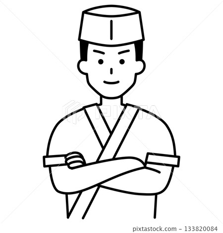 一位日本餐廳的男服務生雙手交叉抱在胸前。 一位日本餐廳的男服務生雙手交叉抱在胸前。 133820084