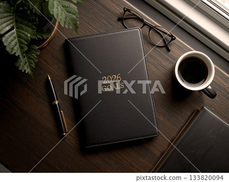 Top View of Black Leather Notebook with 2026 Goals Text on Wooden Desk, Workspace Flat Lay with Coffee, Pen and Glasses, Business Planning and Resolution Concept. Top View of Black Leather Notebook with 2026 Goals Text on Wooden Desk, Workspace Flat Lay with Coffee, Pen and Glasses, Business Planning and Resolution Concept. 133820094