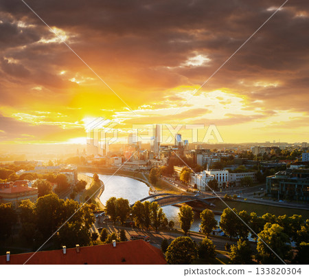 Sunset Sunrise Cityscape Of Vilnius, Lithuania In Summer. Beautiful Panoramic View In Evening 133820304