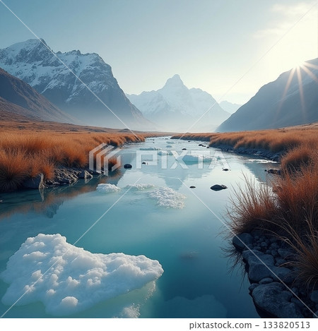Stunning mountain landscape with icy river and grasslands Generative AI 133820513