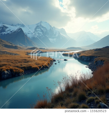 Mountain landscape with serene river and soft sunlight Generative AI Mountain landscape with serene river and soft sunlight Generative AI 133820523