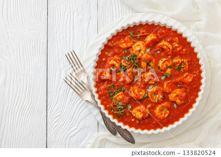 Shrimp in hot tomato sauce with garlic, onion 133820524