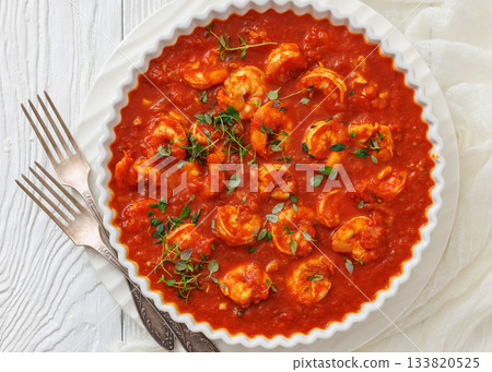 Shrimp in hot tomato sauce with garlic, onion 133820525