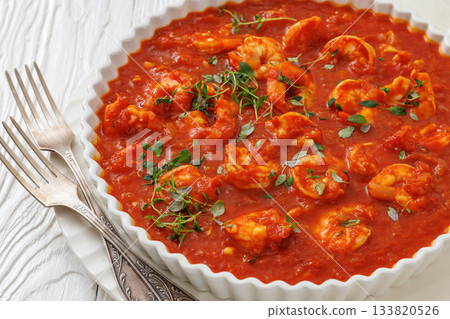 Shrimp in hot tomato sauce with garlic, onion Shrimp in hot tomato sauce with garlic, onion 133820526