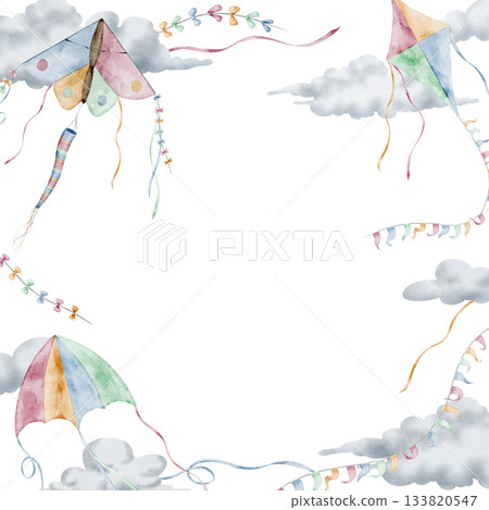 Kite with clouds and tails watercolor rectangular Frame. Illustration of Template with flying Toys for baby shower greeting cards and childish birthday invitations. Art for kids nursery posters. Kite with clouds and tails watercolor rectangular Frame. Illustration of Template with flying Toys for baby shower greeting cards and childish birthday invitations. Art for kids nursery posters. 133820547